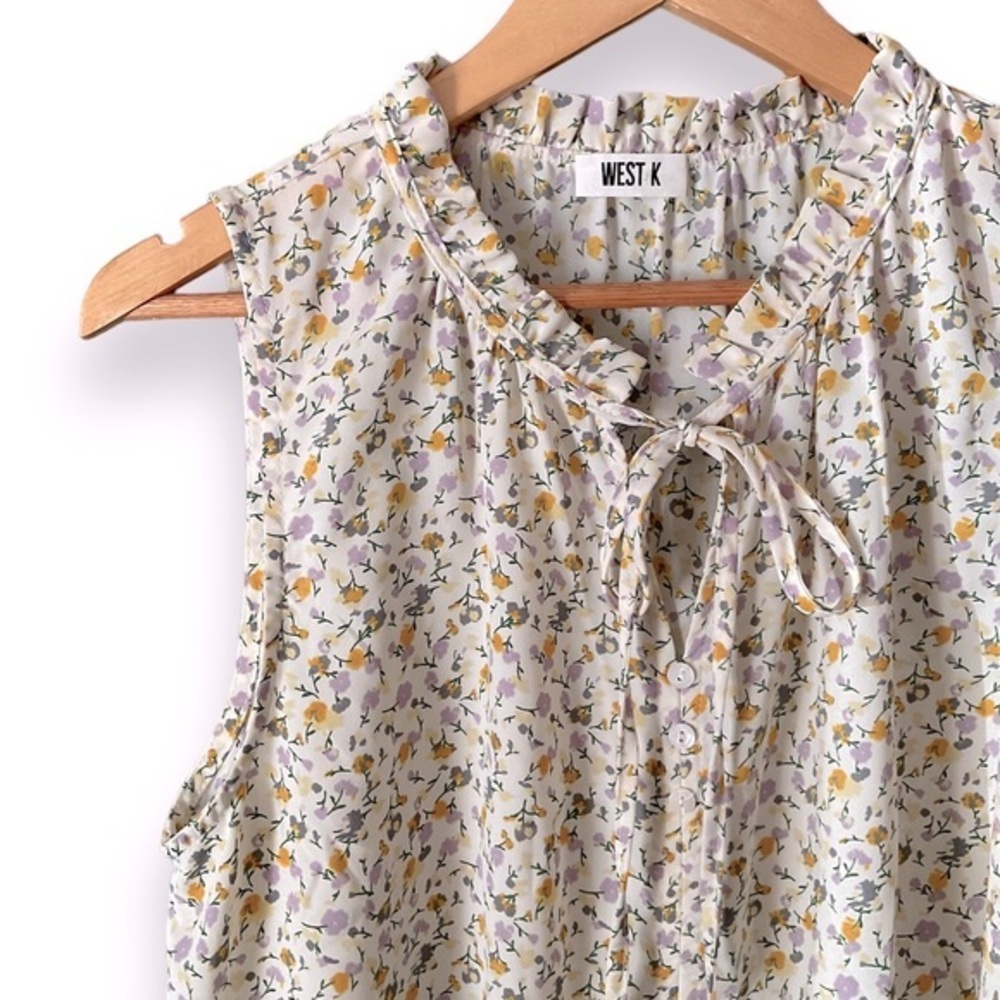 West K White Floral Frill Collar Split Neck Sleeveless Blouse Large